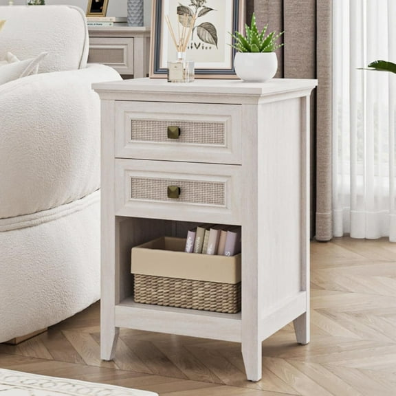 Superjoe 27" Rattan Nightstand w/2 Drawers, Grayish White Wood Farmhouse Bedside Table, Boho Accent End Table Cabinet w/Open Storage Shelf