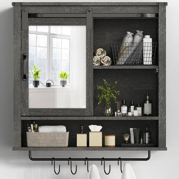 Superjoe 28in Bathroom Cabinet Wall Mount with Sliding Mirror Door, Over The Toilet Storage Cabinet, Farmhouse Medicine Cabinet with Shelves and Towel Bar for Living Room, 28" W x 29" H, Grey