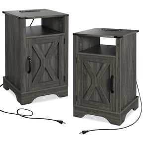 Heynemo 2Pcs Farmhouse Nightstand with Charging Station, Wooden Rustic Tall Bedside Table, for Bedroom, Living Room, Dark Gray