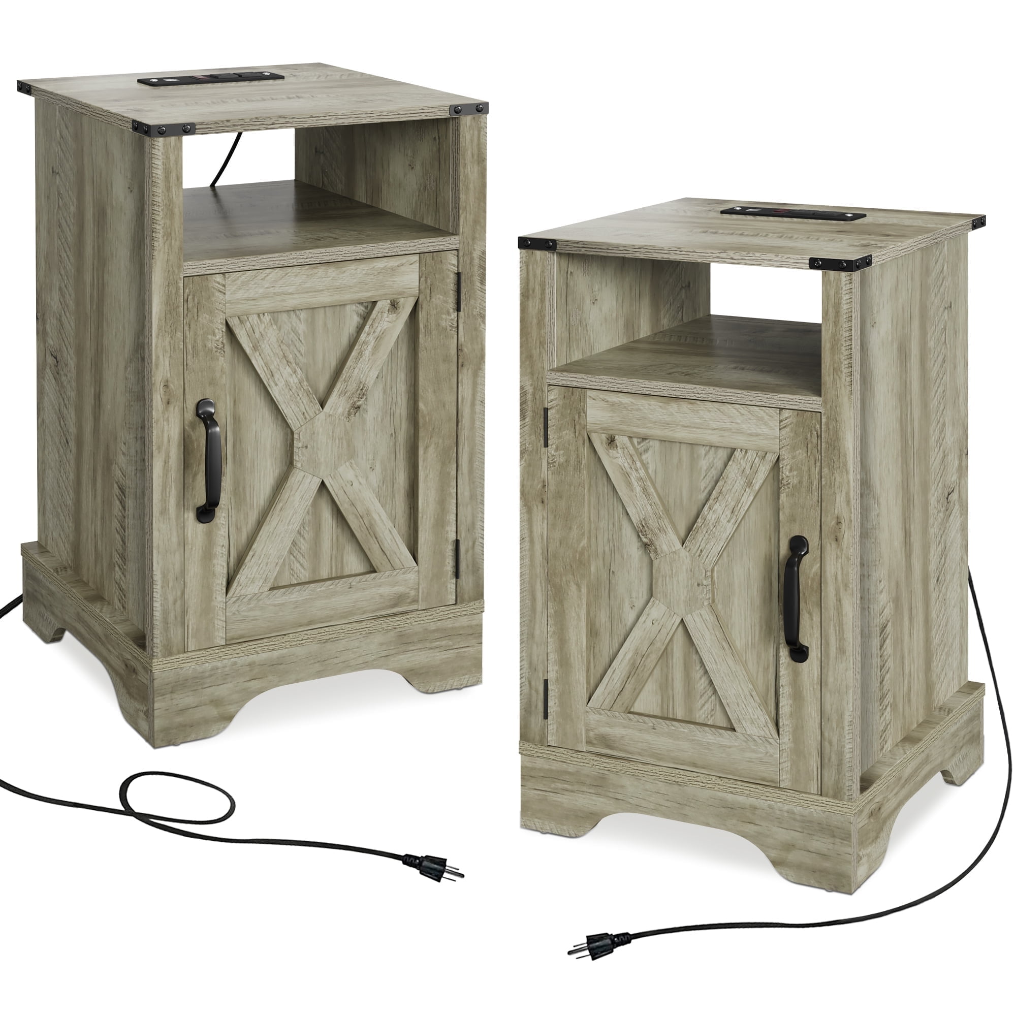 Heynemo 2Pcs Farmhouse Nightstand with Charging Station, Wooden Rustic Tall Bedside Table, for Bedroom, Living Room, Light Gray