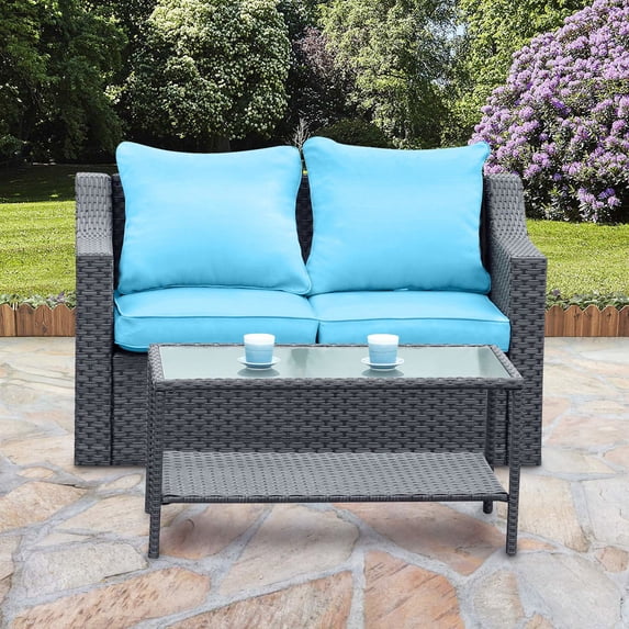 Superjoe 3 Pcs Outdoor Patio Sofa Sets All Weather PE Rattan Wicker Cushioned Loveseat with Coffee Table,Blue