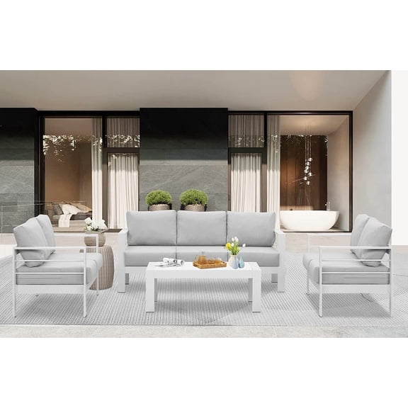 Heynemo 4 Pcs 7 Seats Outdoor Furniture Sofa Set Aluminum Patio Conversation Set With Coffee Table and 5 Inches Cushions, White