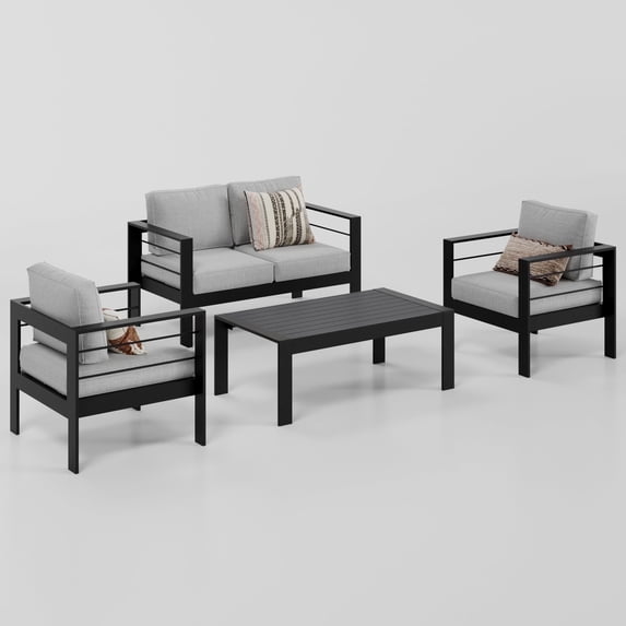 Superjoe 4 Pcs Outdoor Aluminum Furniture Set All-Weather Patio Sectional Chat Sofa Conversation Set Loveseat Coffee Table Black Frame Light Gray Cushion