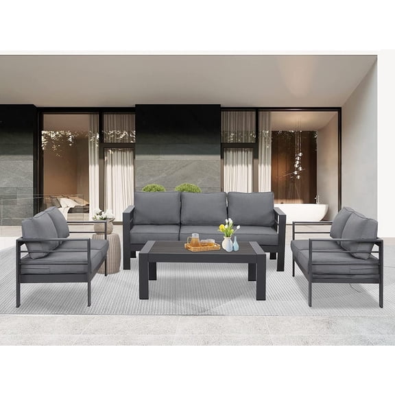 Heynemo 4 Pcs Outdoor Furniture Sofa Set Aluminum Patio Conversation Set With Coffee Table and 5 Inches Cushions, Gray