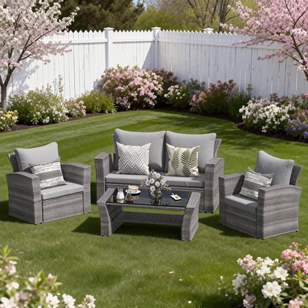 Heynemo 4 Pcs Outdoor Patio Furniture Set, Wicker Sectional Sofa Set with Coffee Table,Gray