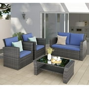 Superjoe 4 Pcs Outdoor Patio Furniture Sets, Wicker Rattan Conversation Set, Blue