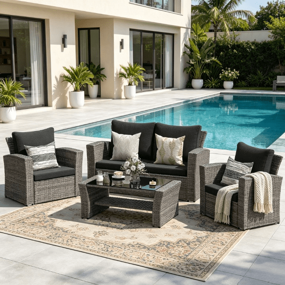 Superjoe 4-Piece Outdoor Patio Furniture Sets, Wicker Rattan Conversation Set, Gray Rattan Black Cushion