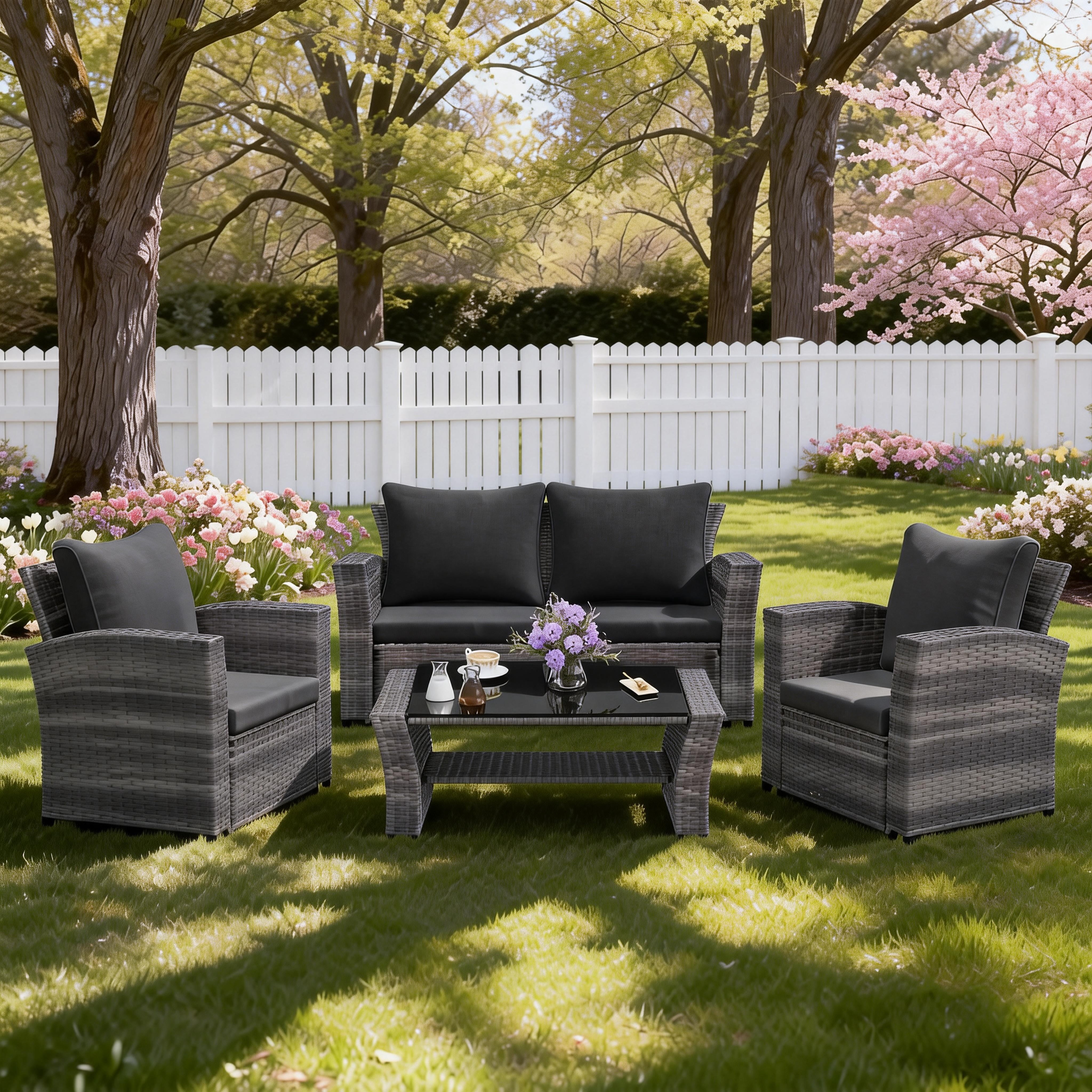 Superjoe 4-Piece Outdoor Patio Furniture Sets, Wicker Rattan Conversation Set, Gray Rattan Black Cushion