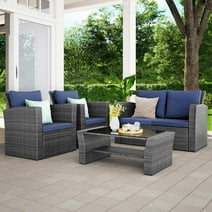 Superjoe 4 Pcs Outdoor Patio Furniture Sets, Wicker Rattan Conversation Set, Gray Rattan Blue Cushion