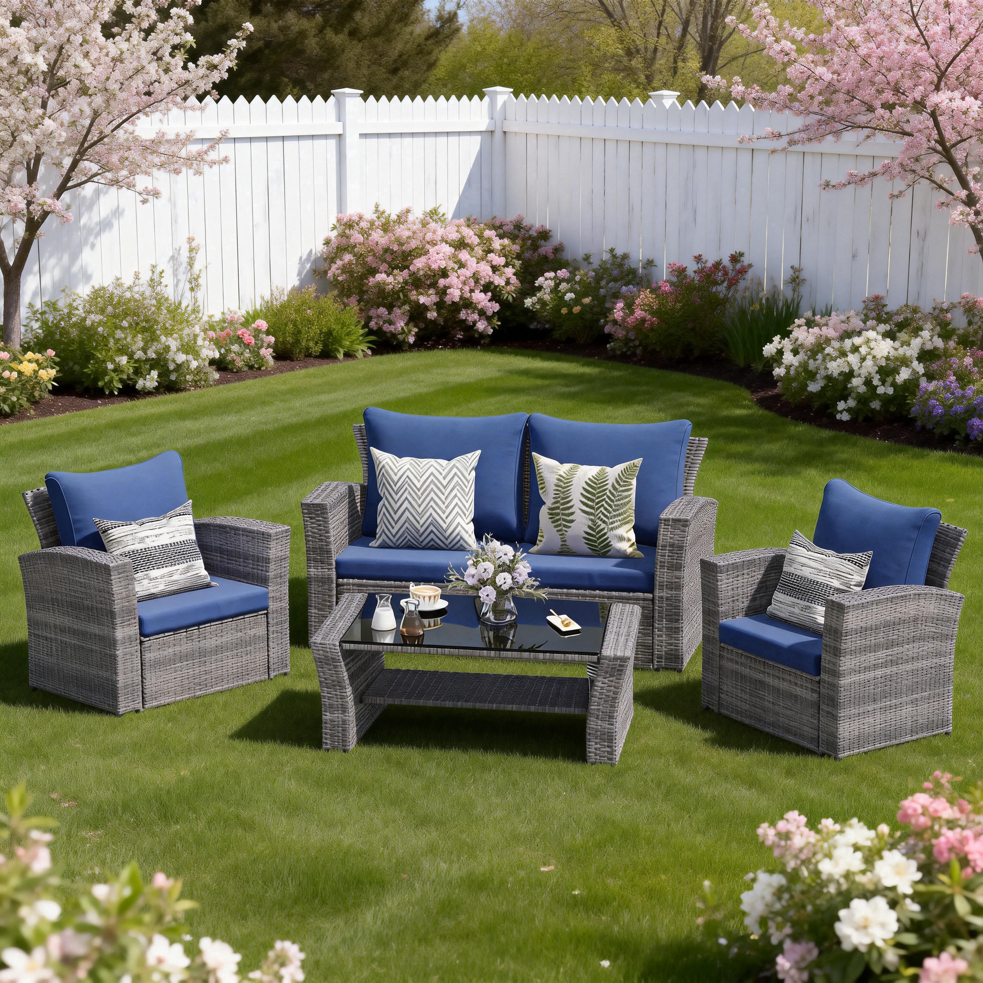 Heynemo 4 Pcs Outdoor Patio Furniture Sets, Wicker Rattan Conversation Set, Gray Rattan Blue Cushion