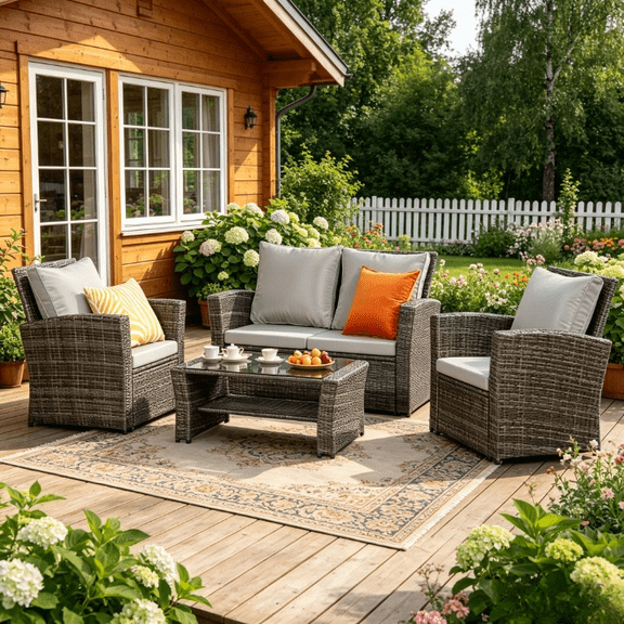 Superjoe 4 Pcs Outdoor Patio Furniture Sets, Wicker Rattan Conversation Set, Gray