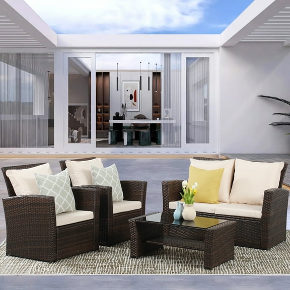 Superjoe 7 Piece High Curved Wicker Outdoor Sectional Sofa with Dining Table, Gray