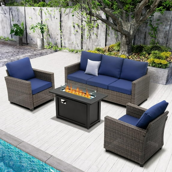 Superjoe 4 Piece Outdoor Patio Furniture Set, All-Weather Rattan Wicker Conversation Set with Fire Pit Table, Outdoor Sectional Sofa Set for Balcony Backyard Porch, Blue Cushion