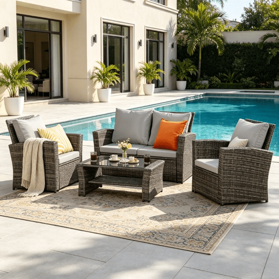 Superjoe 4 Piece Outdoor Patio Furniture Set Rattan Sectional Conversation Set, 4 Cushioned Seats, Gray, 4