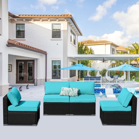 Superjoe 4 Piece Patio Black Wicker Armless Sofa, Outdoor Sectional Loveseat, Additional Furniture Set with Removable Turquoise Cushions