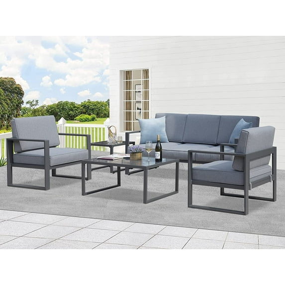 Superjoe 5 Pcs Aluminum Outdoor Patio Furniture Set 5 Seats Sectional Conversation Sofa Set with Coffee Table, Gray