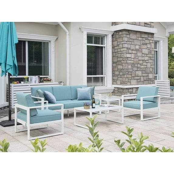 Superjoe 5 Pcs Aluminum Outdoor Patio Furniture Set 5 Seats Sectional Conversation Sofa Set with Coffee Table, White