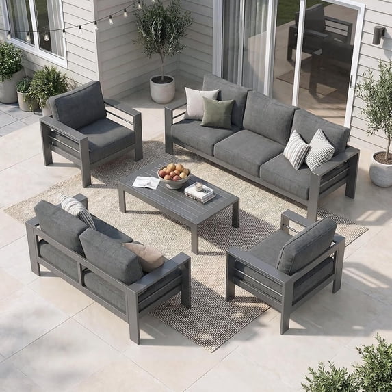 Superjoe 5 Pcs Outdoor Aluminum Furniture Set 7 Seats Patio Sectional Chat Sofa Set Metal Conversation Sofa with 5 Inch Cushion and Coffee Table for Balcony, Garden, Dark Grey