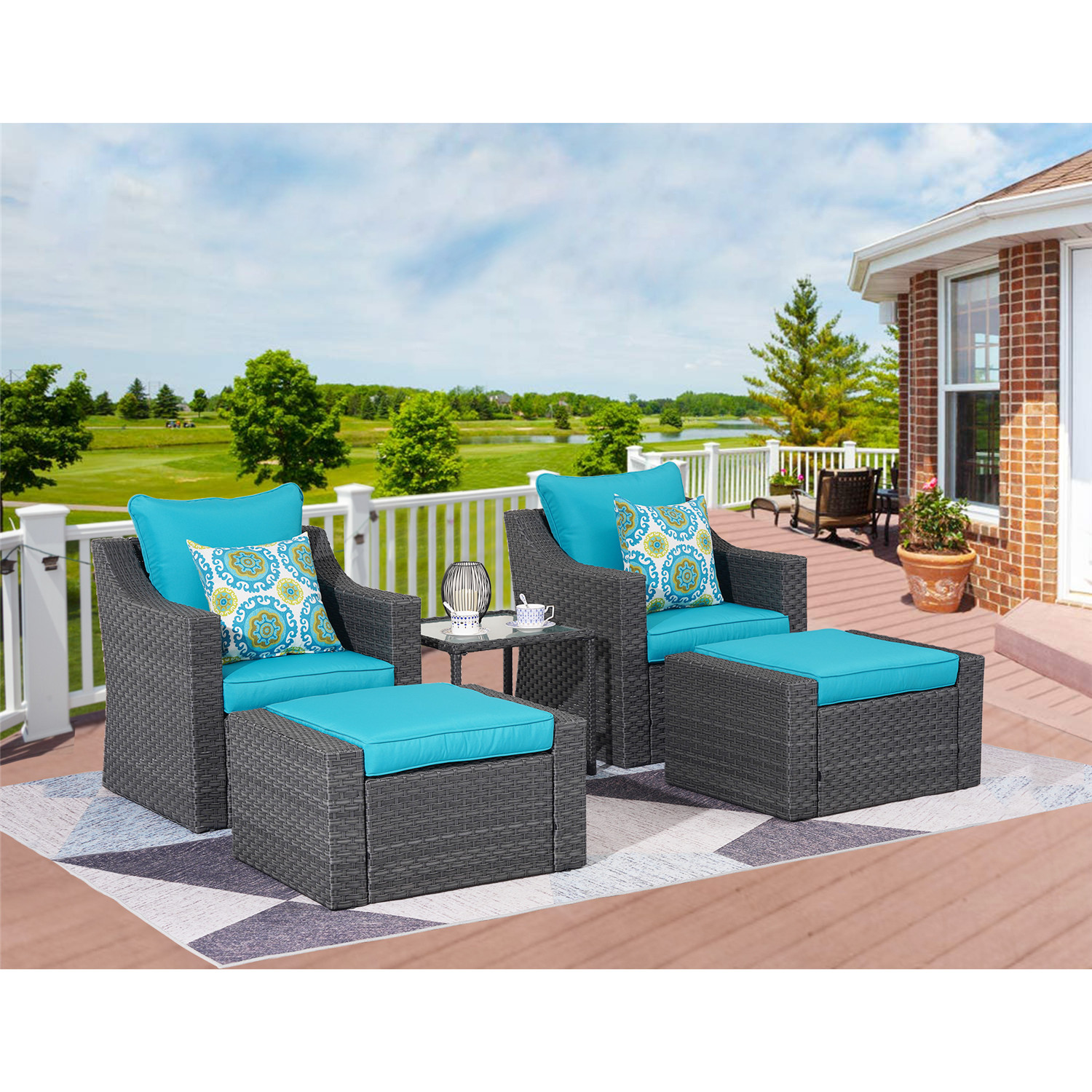 Superjoe 5 Pcs Outdoor Patio Furniture Set All Weather PE Rattan Wicker Chairs with Ottomans and Side Table,Blue - image 1 of 7
