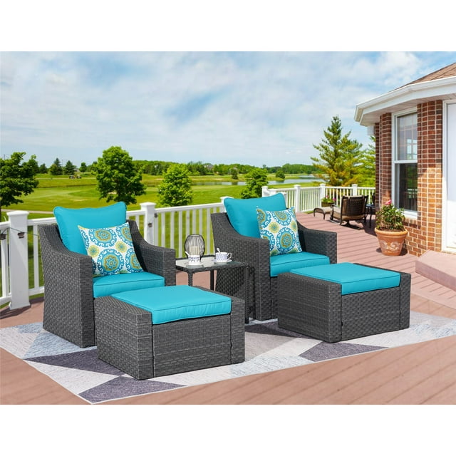 Superjoe 5 Pcs Outdoor Patio Furniture Set All Weather PE Rattan Wicker Chairs with Ottomans and Side Table,Blue