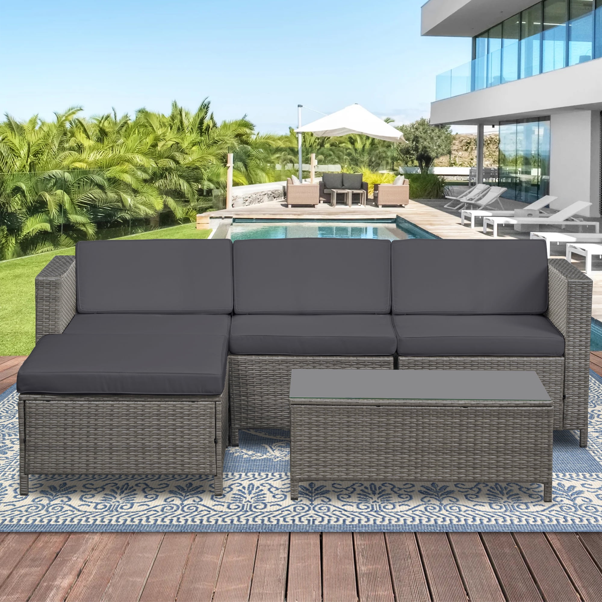 Superjoe 5 Pcs Outdoor Patio Furniture Set All Weather Rattan Sectional