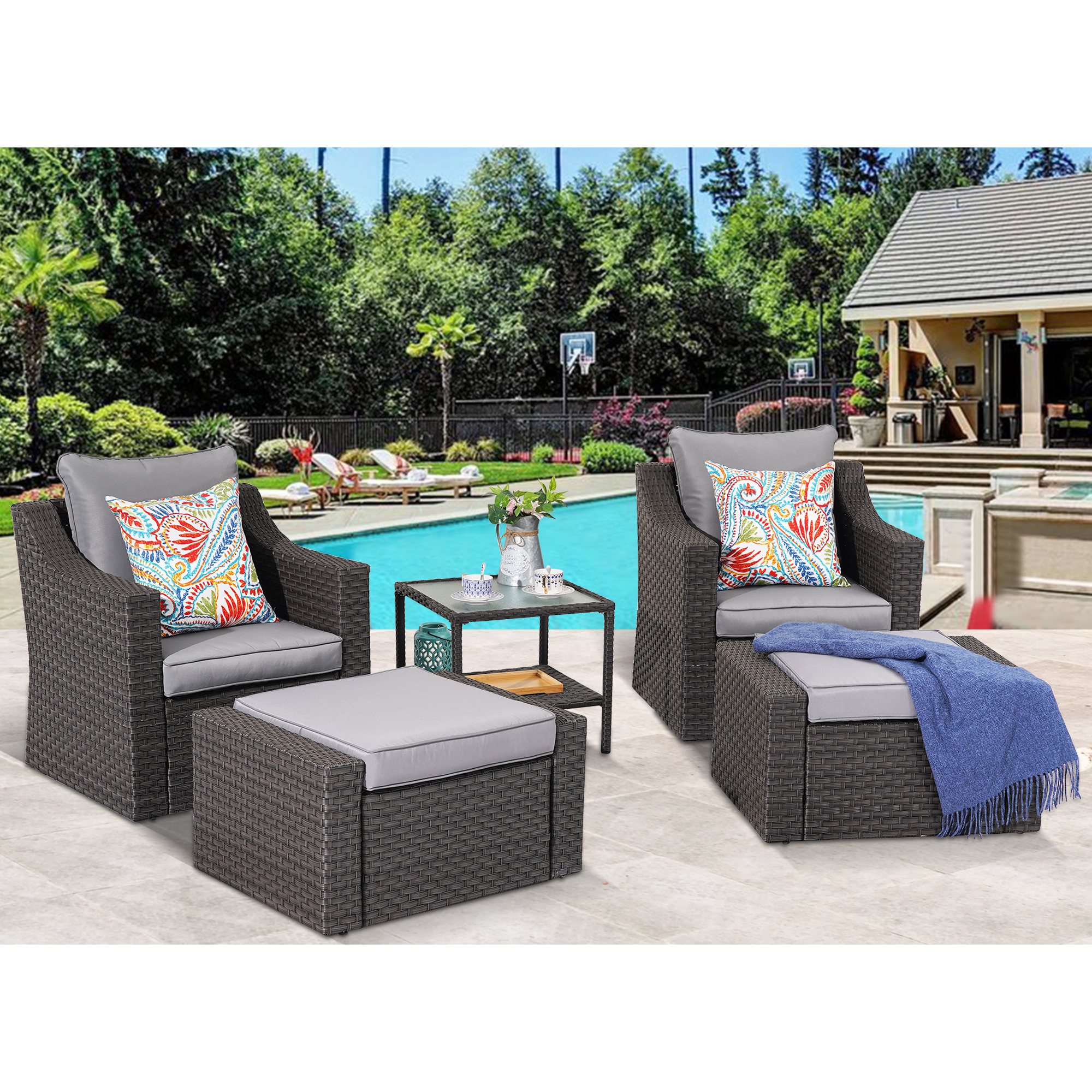 Superjoe 5 Pcs Patio Furniture Sets Outdoor Wicker Lounge Chair with Ottomans and Coffee Table, Gray - image 1 of 8