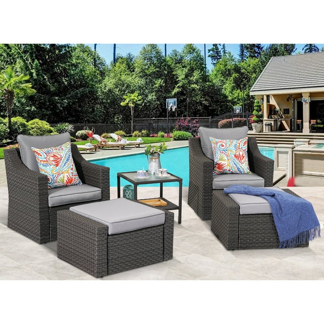 Superjoe 5 Pcs Patio Furniture Sets Outdoor Wicker Lounge Chair with Ottomans and Coffee Table, Gray