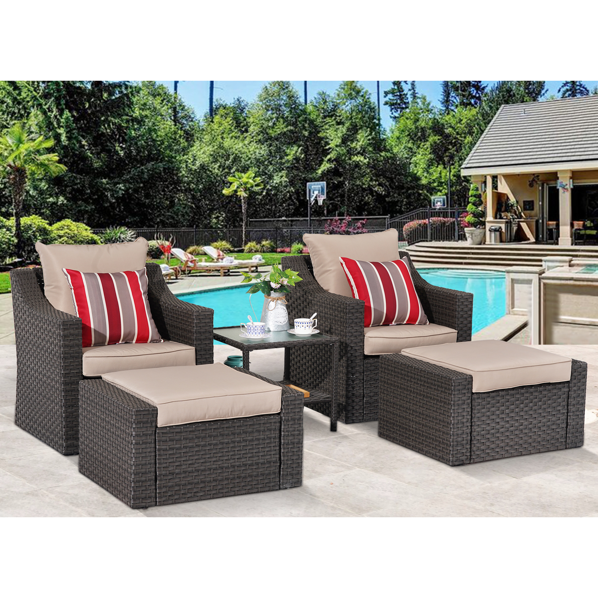 Superjoe 5 Pcs Patio Furniture Sets Outdoor Wicker Lounge Chair with Ottomans and Coffee Table, Khaki - image 1 of 6