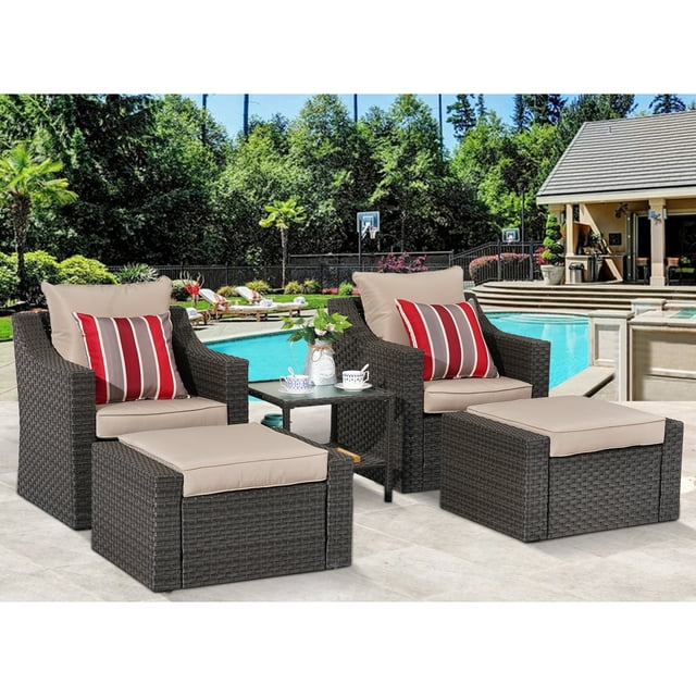 Superjoe 5 Pcs Patio Furniture Sets Outdoor Wicker Lounge Chair with Ottomans and Coffee Table, Khaki
