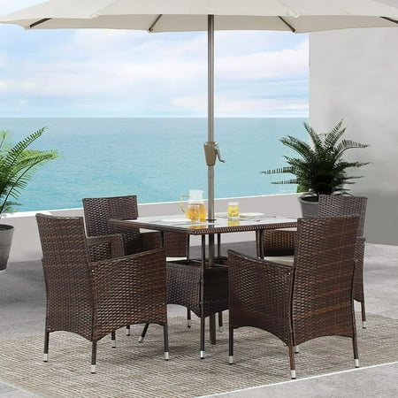 Superjoe 5 Piece 29" Outdoor Patio Dining Set Wicker Dining Table and Chair Set Steel Frame Umbrella Cut Out, Brown