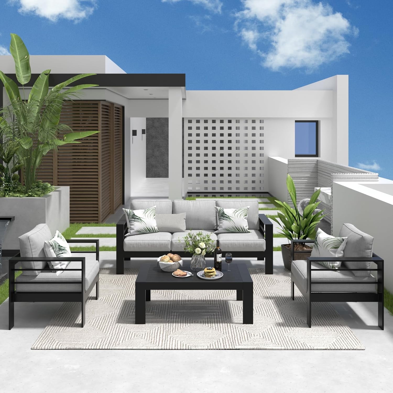 Superjoe 5-Pieces Aluminum Curved Outdoor Sectional with Coffee Table and Cushions, Black/Light Gray