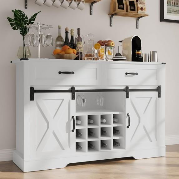 Superjoe 52" Buffet Storage Cabinet Farmhouse Sideboard w/12 Removable Wine Rack & Drawers, Rustic Coffee Bar Cabinet w/Glass Rack & Sliding Barn Door, Solid White
