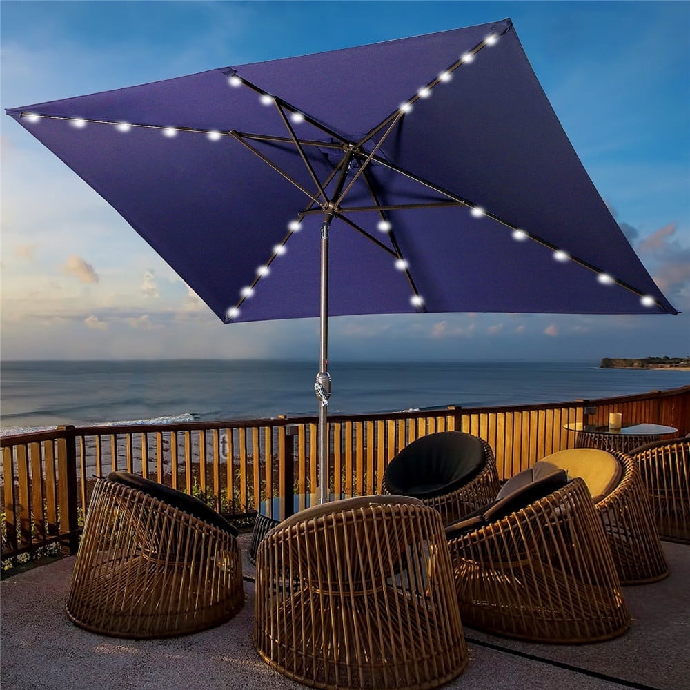 Superjoe 6.5×10 ft Outdoor Patio LED Umbrella Solar Powered Aluminum Pole with Push Button ,Navy Blue