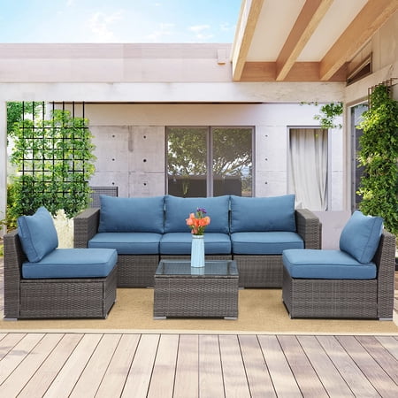 Superjoe 6 Pcs Patio Sectional Sofa Outdoor Wicker Steel Frame Conversation Furniture for Garden Backyard Deck(Blue Cushion)