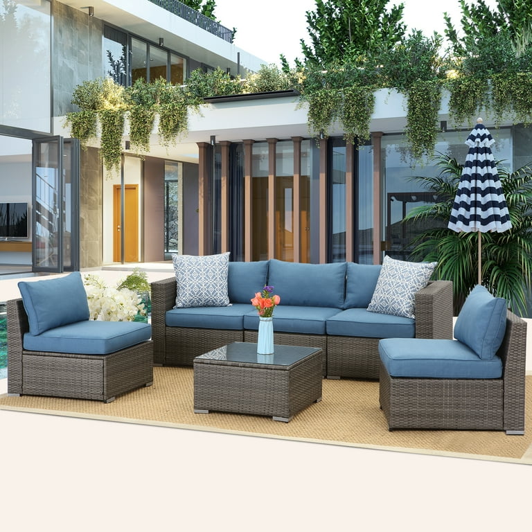 Superjoe 6 Pieces Patio Furniture Set All Weather Wicker Outdoor Sectional Rattan Sofa Conversation Set with Glass Table Blue