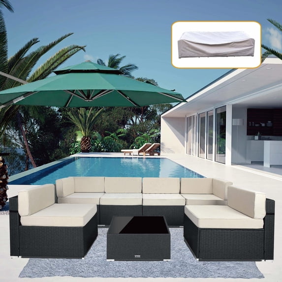 Superjoe 7 Pc Outdoor Patio Sectional Set, Black and Beige PE Rattan with Table