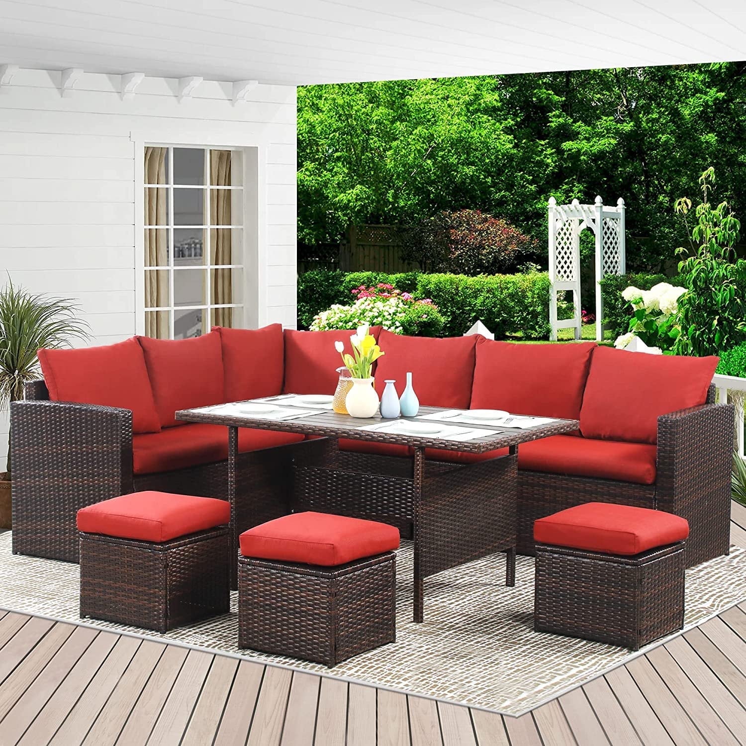 Superjoe 7 Pcs Outdoor Dining Sectional Sofa Couch All Weather Wicker Conversation Set with Table, Red
