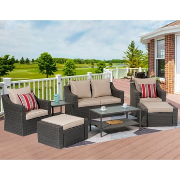 Wilcox Outdoor 8 Piece Sectional Sofa Set with Cushions, Teak, Beige ...