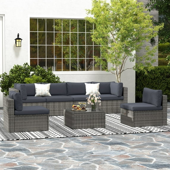 Superjoe 7 Pcs Outdoor Patio Sectional Sofa Set Steel Frame Black Wicker Patio Furniture Conversation Set with Coffee Table, Beige Cushion No Decorative Pillow