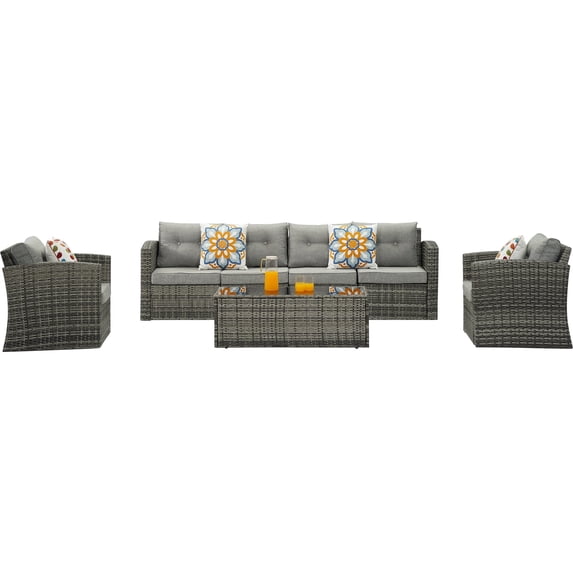 Superjoe 7 Pcs Patio Sectional Sofa Set Wicker Furniture Set with Coffee Table,Aluminum Frame,Gray
