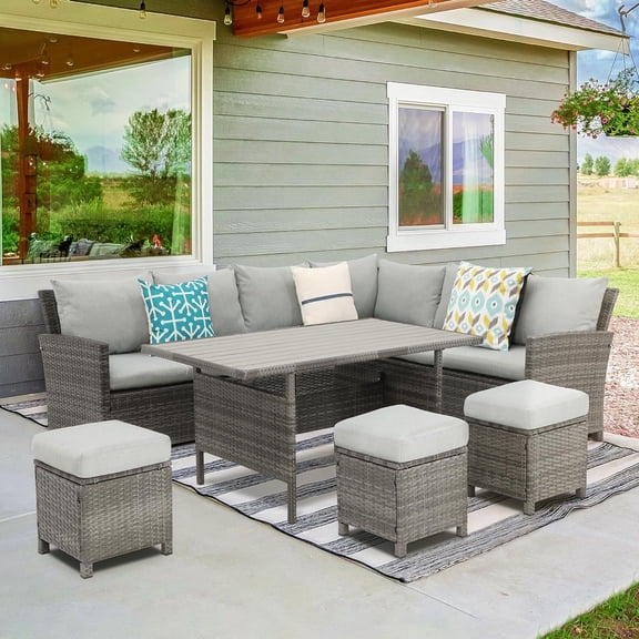 Superjoe 7 Piece High Curved Wicker Outdoor Sectional Sofa with Dining Table, Gray