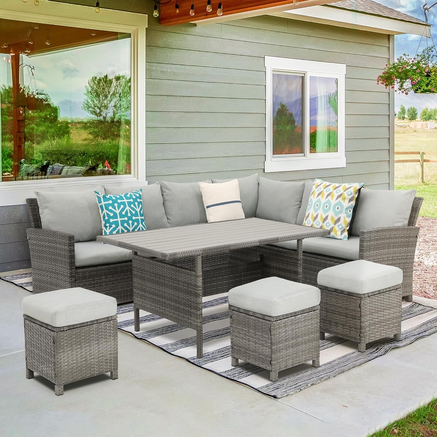 Superjoe 7 Piece High Curved Wicker Outdoor Sectional Sofa with Dining Table, Gray