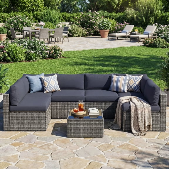 Superjoe 7-Piece Modular Patio Furniture Set, Wicker Outdoor Sectional Sofa with Cushions and Coffee Table,Conversation Sets for Porch Balcony Backyard Patio,Grey