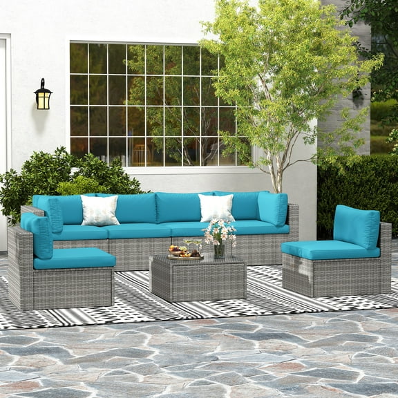 Superjoe 7-Piece Modular Patio Furniture Set, Wicker Outdoor Sectional Sofa with Cushions and Coffee Table,Conversation Sets for Porch Balcony Backyard Patio,Light Blue