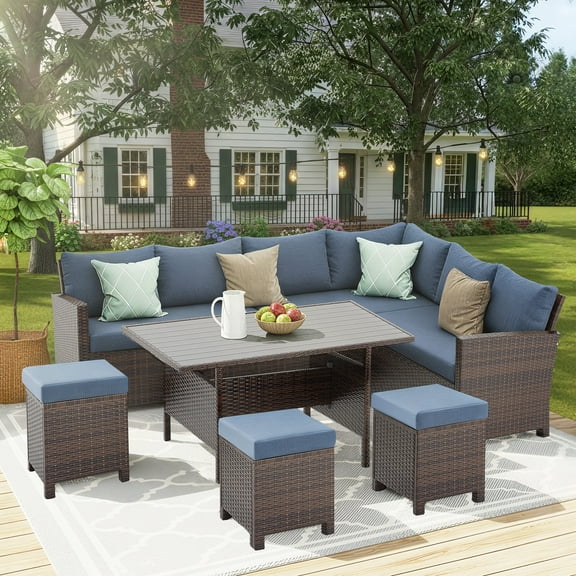 Superjoe 7 Pieces Outdoor Patio Furniture Set with Ottoman, Blue