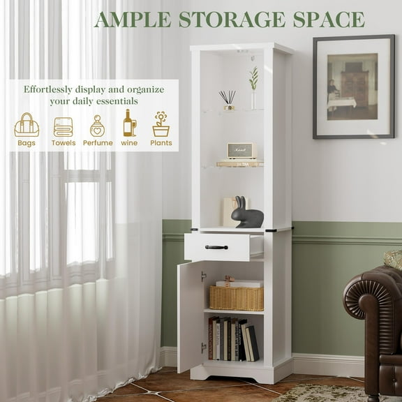 Superjoe 75'' Tall Storage Cabinet with LED Light, Farmhouse Pantry Cabinet with Tempered Glass Adjustable Shelves & Barn Door, Freestanding Linen Tower for Bathroom, Living Room, Kitchen, White