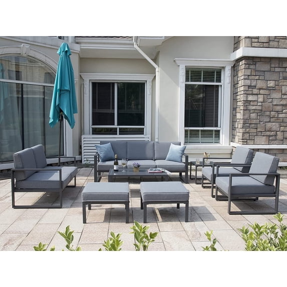 Superjoe 8 Pcs Outdoor Patio Furniture Set Aluminum Conversation Set Sectional Sofa Sets With Table and Ottoman, Gray