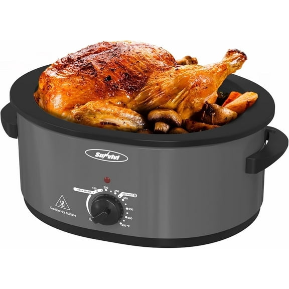Superjoe 8 QT Electric Roaster Oven with Self-Basting Lid, Defrost Warm Function, Removable Pan, Stainless Steel, Grey