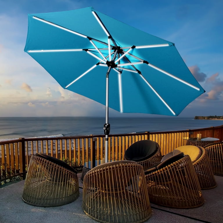 9 foot patio umbrella with solar lights Superjoe 9 ft Solar Patio LED Umbrella with Push Button Tilt & Crank  Outdoor Table Umbrella with 8 Ribs Strip 32 LED Lights, Lake Blue