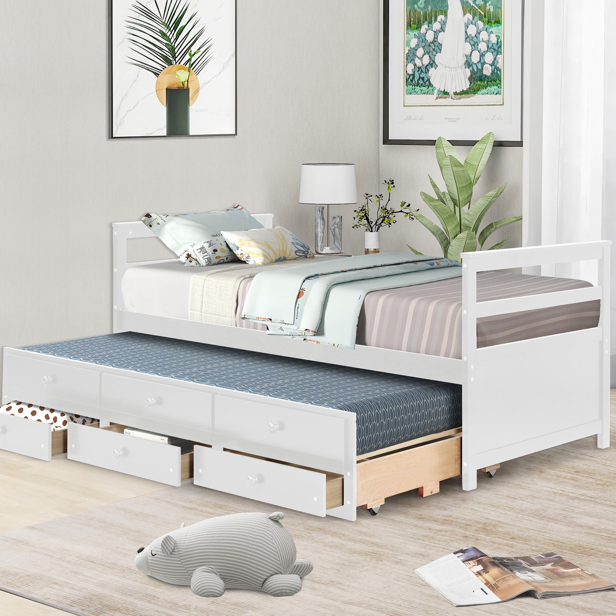 Superjoe All-in-one Twin Bed with Trundle and Drawers, Wood Captain ...